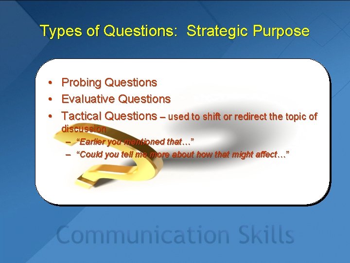 Types of Questions: Strategic Purpose • • • Probing Questions Evaluative Questions Tactical Questions