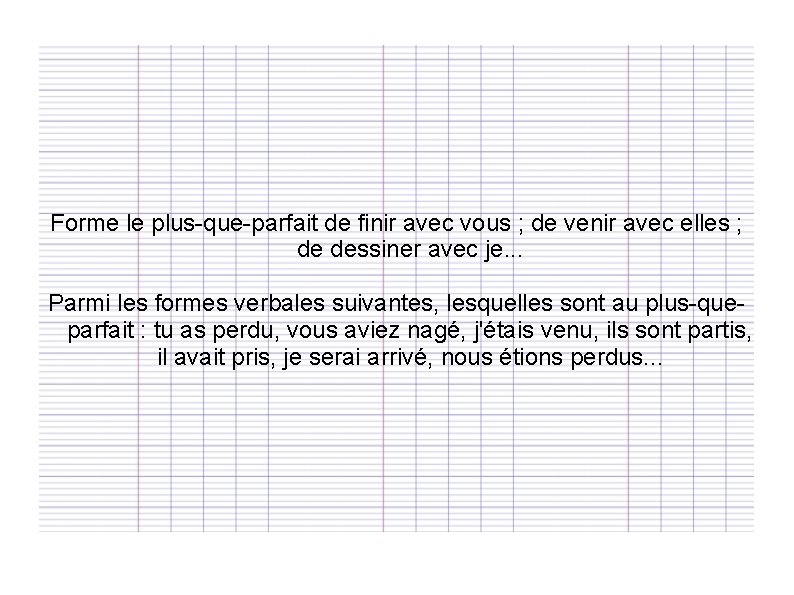 Forme le plus-que-parfait de finir avec vous ; de venir avec elles ; de