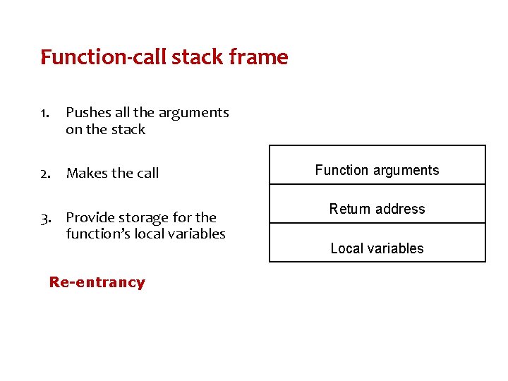 Function-call stack frame 1. Pushes all the arguments on the stack 2. Makes the Function-call stack frame 1. Pushes all the arguments on the stack 2. Makes the