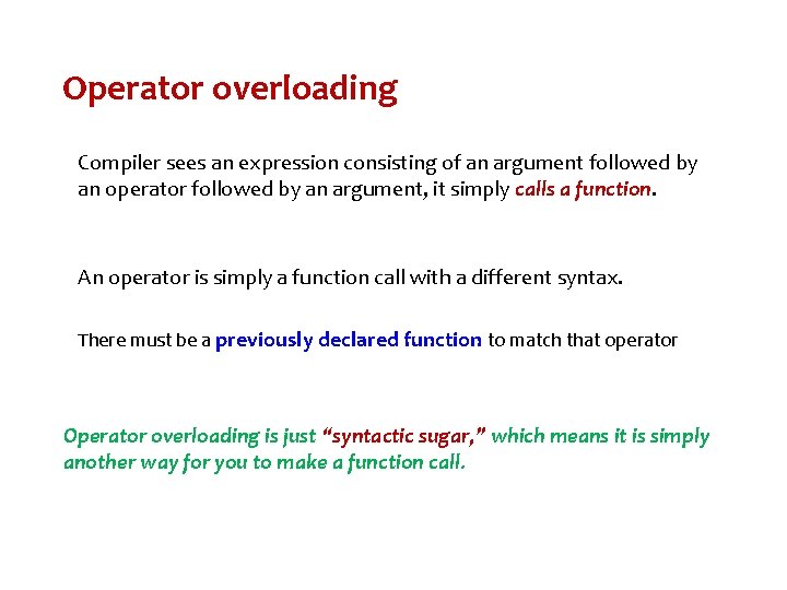 Operator overloading Compiler sees an expression consisting of an argument followed by an operator Operator overloading Compiler sees an expression consisting of an argument followed by an operator