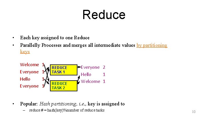 Reduce • • Each key assigned to one Reduce Parallelly Processes and merges all