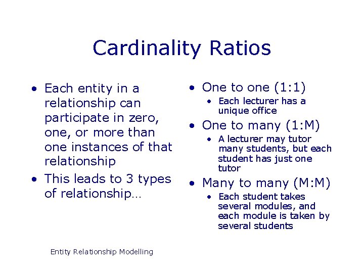 Cardinality Ratios • One to one (1: 1) • Each entity in a •