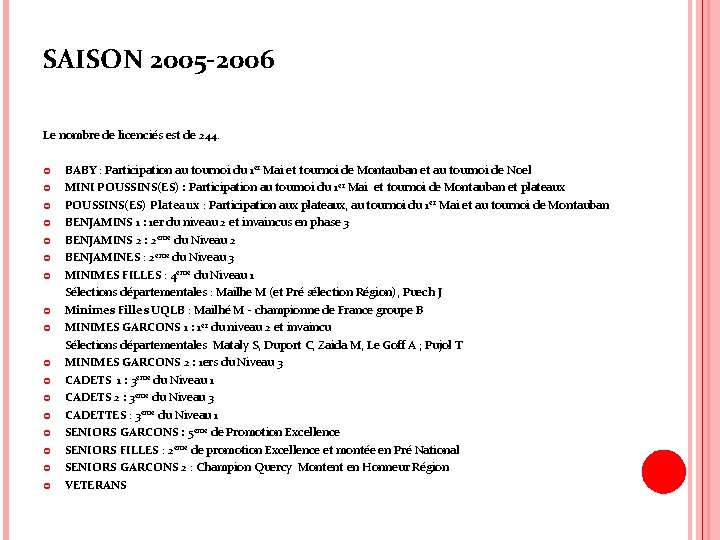  SAISON 2005 -2006 Le nombre de licenciés est de 244. BABY : Participation