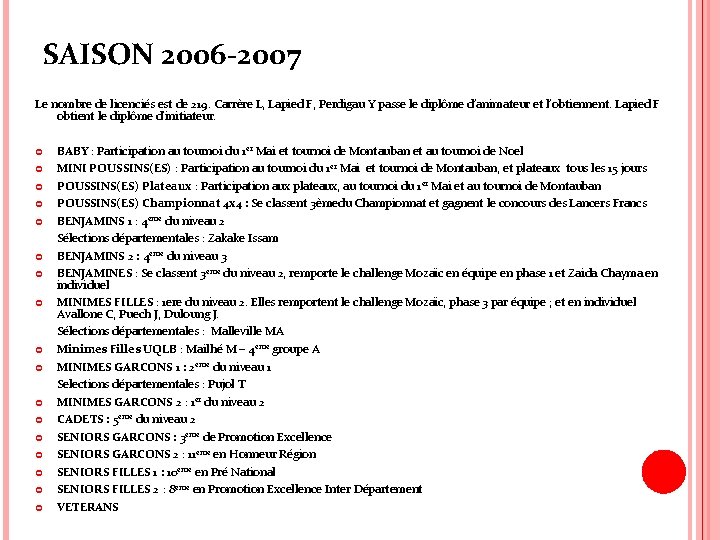 SAISON 2006 -2007 Le nombre de licenciés est de 219. Carrère L, Lapied F,
