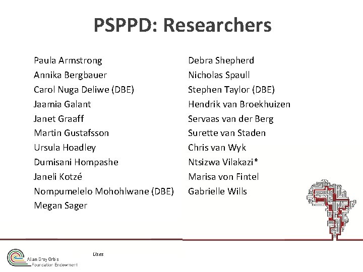 PSPPD: Researchers Paula Armstrong Annika Bergbauer Carol Nuga Deliwe (DBE) Jaamia Galant Janet Graaff
