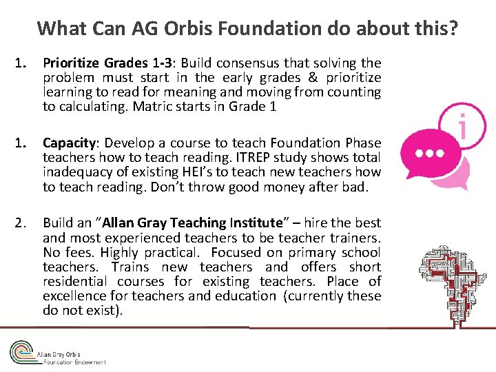 What Can AG Orbis Foundation do about this? 1. Prioritize Grades 1 -3: Build
