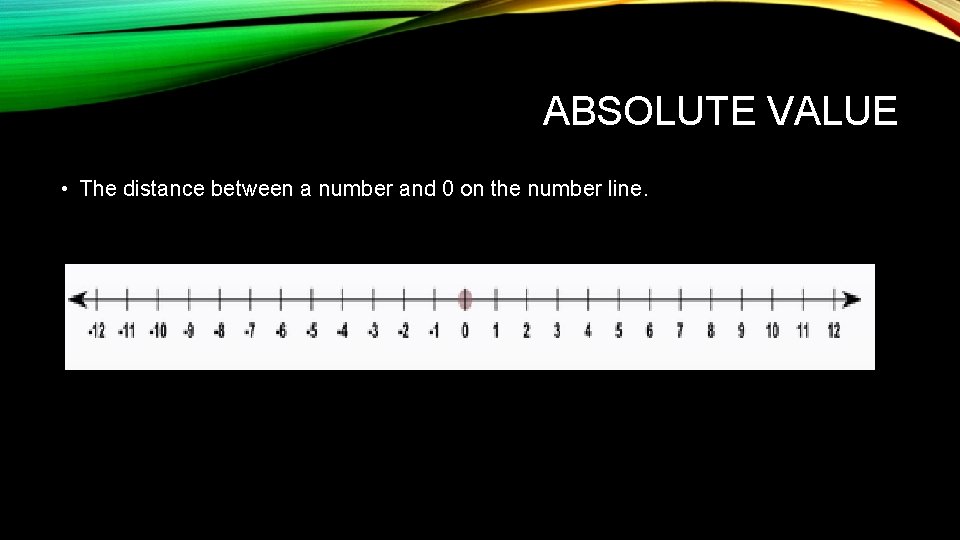 ABSOLUTE VALUE • The distance between a number and 0 on the number line.