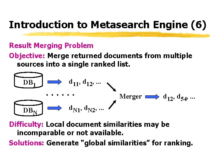 Introduction to Metasearch Engine (6) Result Merging Problem Objective: Merge returned documents from multiple