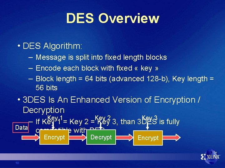 DES Overview • DES Algorithm: – Message is split into fixed length blocks –