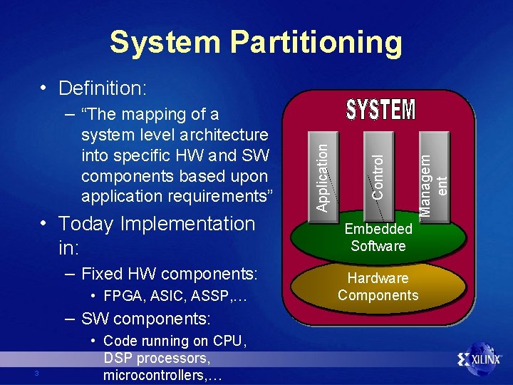 System Partitioning • Definition: in: – Fixed HW components: • FPGA, ASIC, ASSP, …