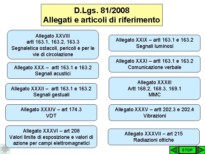 D. Lgs. 81/2008 Allegati e articoli di riferimento Allegato XXVIII artt 163. 1, 163.