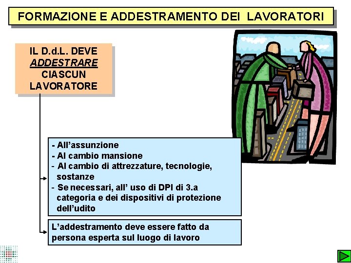 FORMAZIONE E ADDESTRAMENTO DEI LAVORATORI IL D. d. L. DEVE ADDESTRARE CIASCUN LAVORATORE -