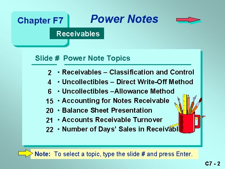Chapter F 7 Power Notes Receivables Slide # Power Note Topics 2 4 6