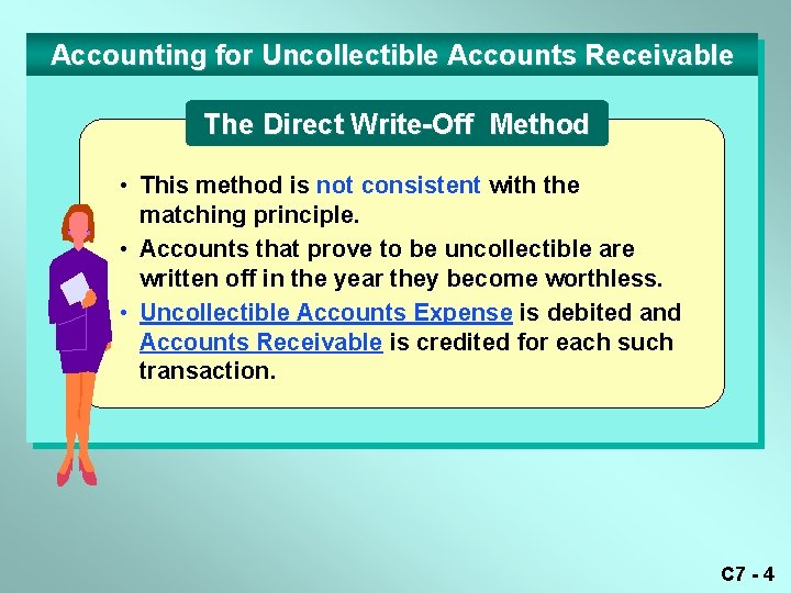 Accounting for Uncollectible Accounts Receivable The Direct Write-Off Method • This method is not
