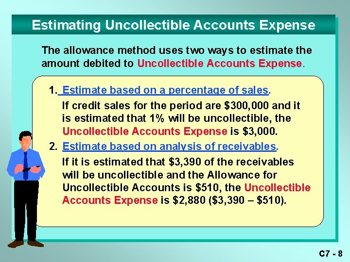 Estimating Uncollectible Accounts Expense The allowance method uses two ways to estimate the amount