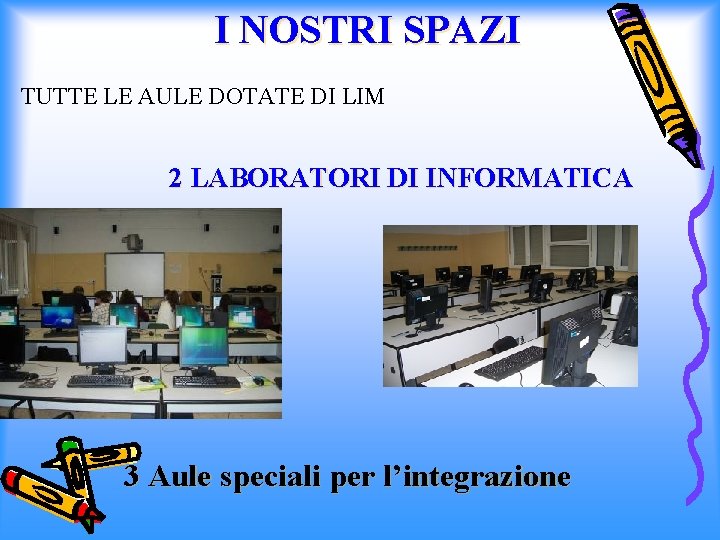 I NOSTRI SPAZI TUTTE LE AULE DOTATE DI LIM 2 LABORATORI DI INFORMATICA 3