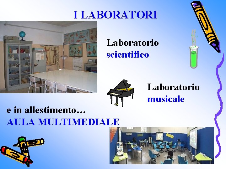 I LABORATORI Laboratorio scientifico e in allestimento… AULA MULTIMEDIALE Laboratorio musicale 