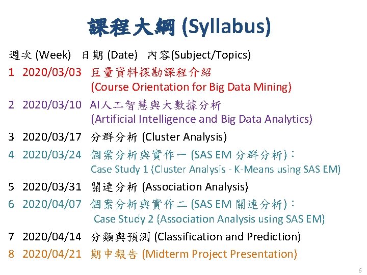 課程大綱 (Syllabus) 週次 (Week) 日期 (Date) 內容(Subject/Topics) 1 2020/03/03 巨量資料探勘課程介紹 (Course Orientation for Big