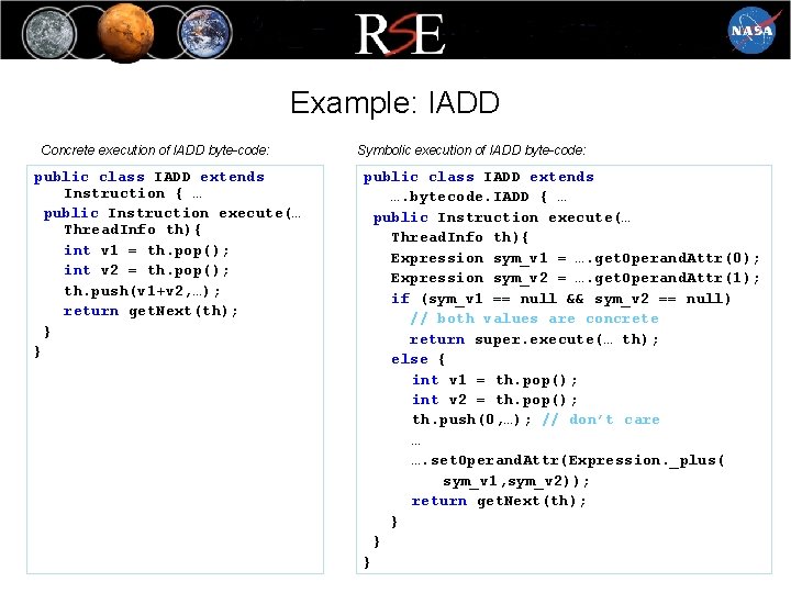 Example: IADD Concrete execution of IADD byte-code: public class IADD extends Instruction { …