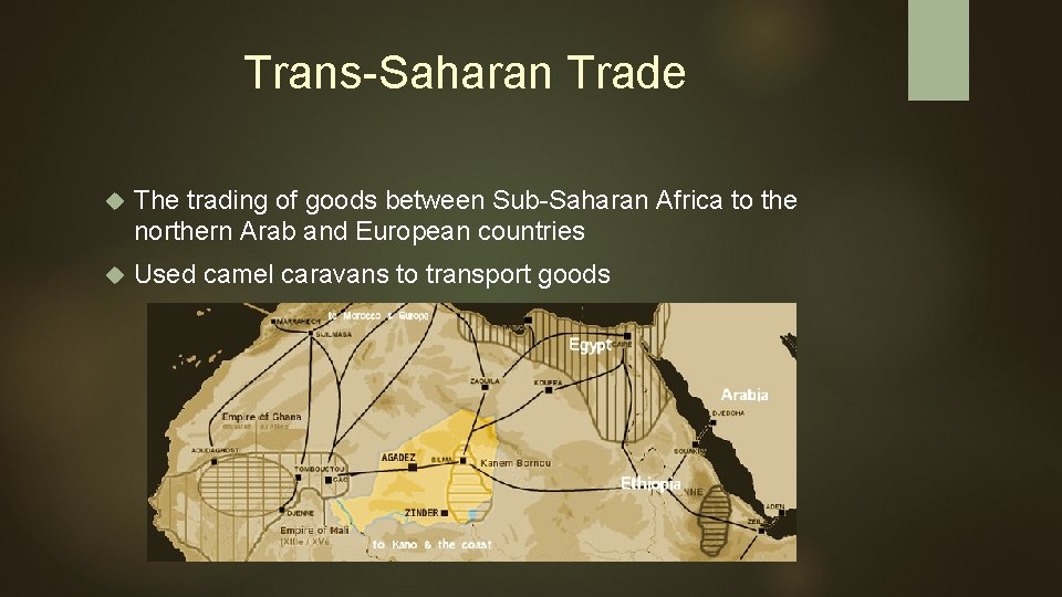 Trans-Saharan Trade The trading of goods between Sub-Saharan Africa to the northern Arab and