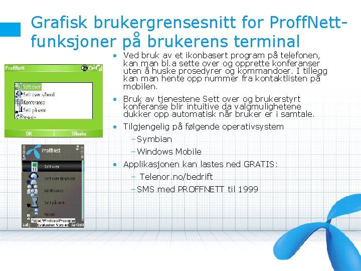 Grafisk brukergrensesnitt for Proff. Nettfunksjoner på brukerens terminal • Ved bruk av et ikonbasert