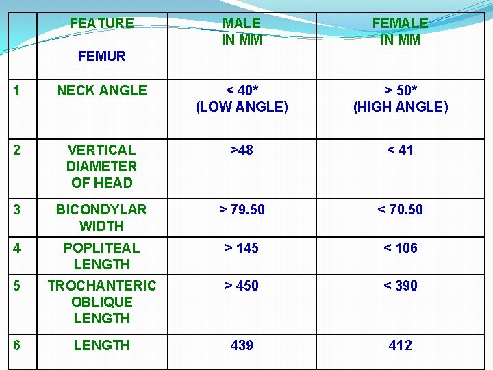 FEATURE MALE IN MM FEMUR 1 NECK ANGLE < 40* (LOW ANGLE) > 50*