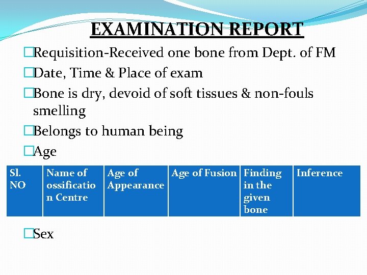 EXAMINATION REPORT �Requisition-Received one bone from Dept. of FM �Date, Time & Place of