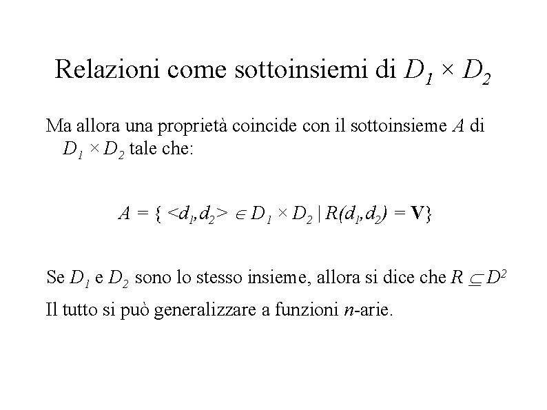 Relazioni come sottoinsiemi di D 1 × D 2 Ma allora una proprietà coincide
