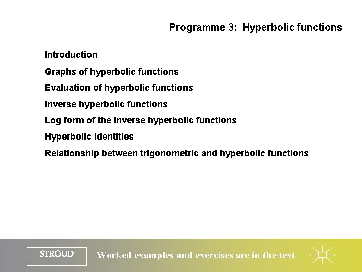 Programme 3: Hyperbolic functions Introduction Graphs of hyperbolic functions Evaluation of hyperbolic functions Inverse