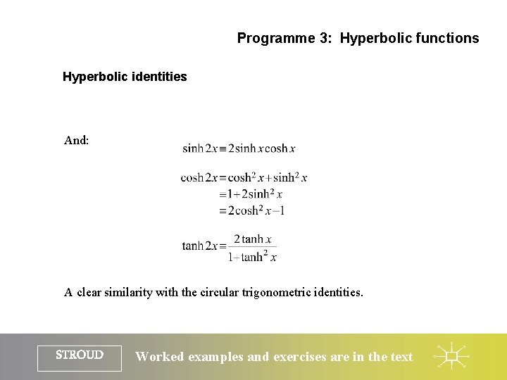 Programme 3: Hyperbolic functions Hyperbolic identities And: A clear similarity with the circular trigonometric