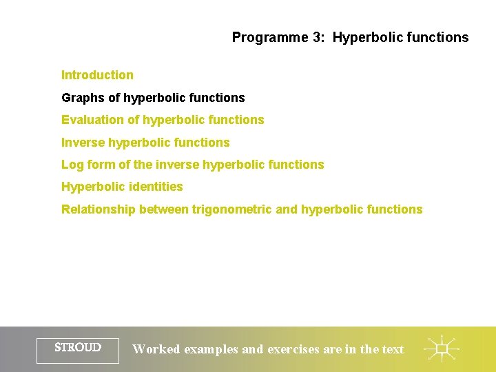 Programme 3: Hyperbolic functions Introduction Graphs of hyperbolic functions Evaluation of hyperbolic functions Inverse