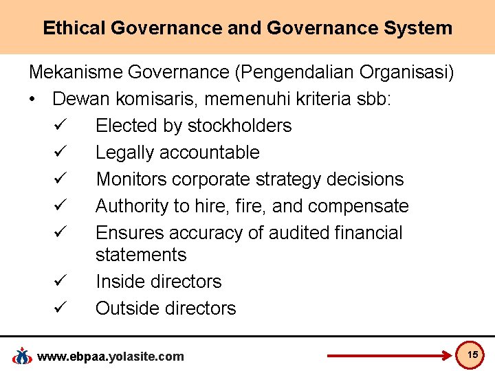 Ethical Governance and Governance System Mekanisme Governance (Pengendalian Organisasi) • Dewan komisaris, memenuhi kriteria