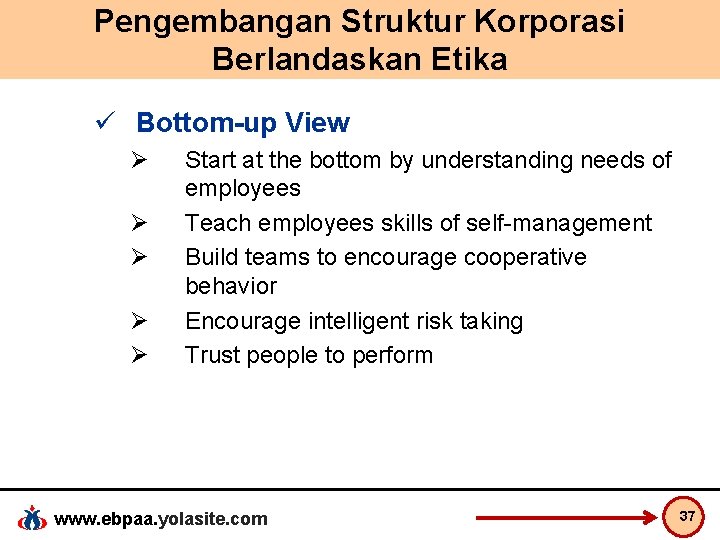 Pengembangan Struktur Korporasi Berlandaskan Etika ü Bottom-up View Ø Ø Ø Start at the