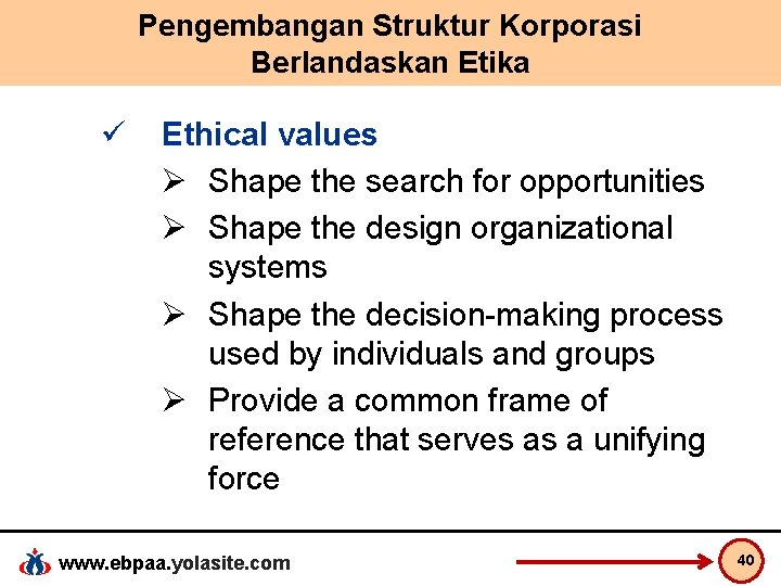 Pengembangan Struktur Korporasi Berlandaskan Etika ü Ethical values Ø Shape the search for opportunities