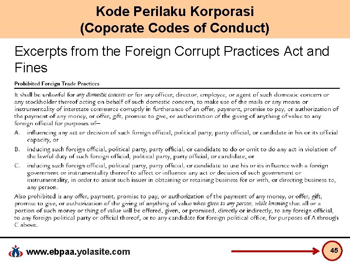 Kode Perilaku Korporasi (Coporate Codes of Conduct) Excerpts from the Foreign Corrupt Practices Act