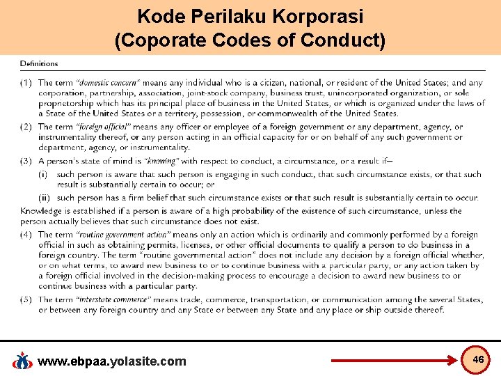 Kode Perilaku Korporasi (Coporate Codes of Conduct) www. ebpaa. yolasite. com 46 