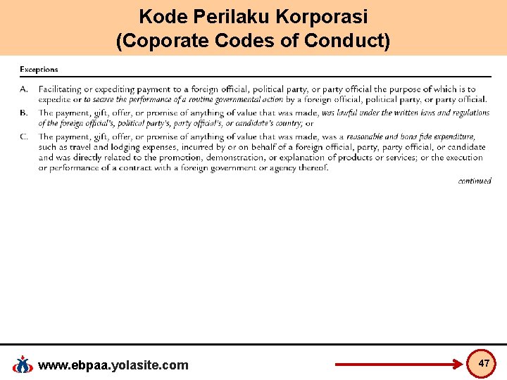 Kode Perilaku Korporasi (Coporate Codes of Conduct) www. ebpaa. yolasite. com 47 