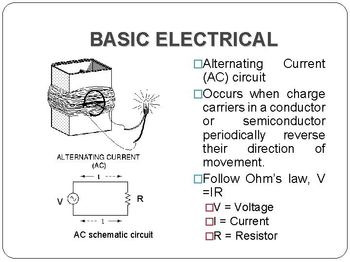 BASIC ELECTRICAL �Alternating V R AC schematic circuit Current (AC) circuit �Occurs when charge