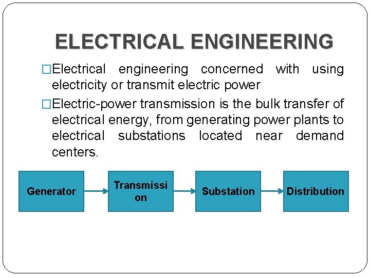 ELECTRICAL ENGINEERING �Electrical engineering concerned with using electricity or transmit electric power �Electric-power transmission