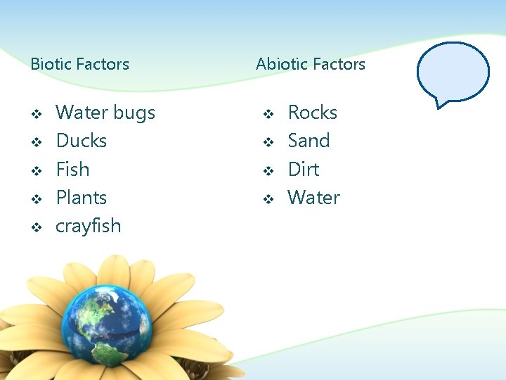 Biotic Factors v v v Water bugs Ducks Fish Plants crayfish Abiotic Factors v