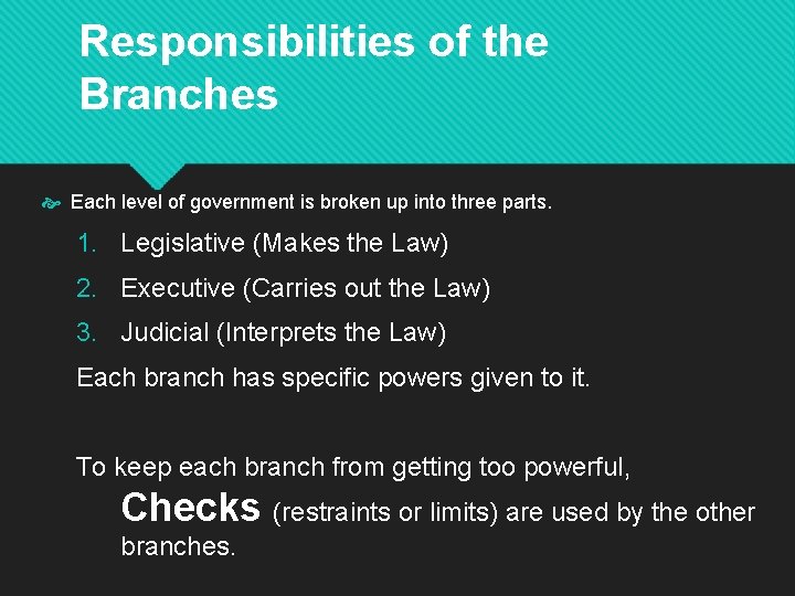 Responsibilities of the Branches Each level of government is broken up into three parts.