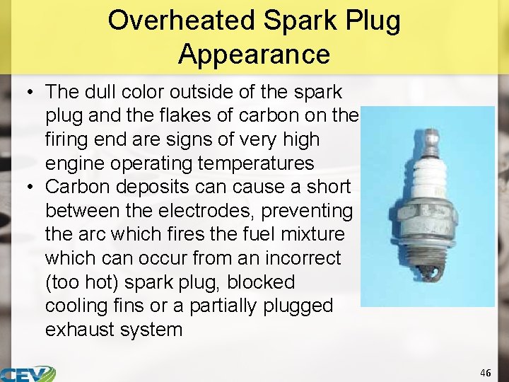 Overheated Spark Plug Appearance • The dull color outside of the spark plug and