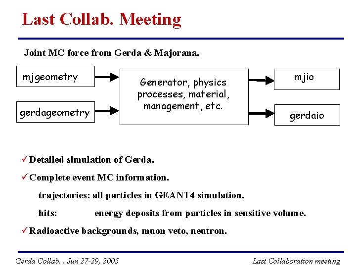 Last Collab. Meeting Joint MC force from Gerda & Majorana. mjgeometry Generator, physics processes,