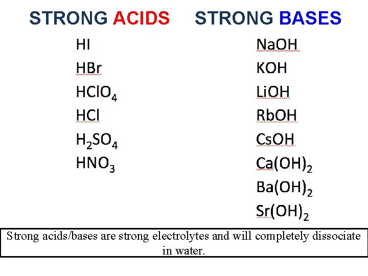 STRONG ACIDS STRONG BASES Strong acids/bases are strong electrolytes and will completely dissociate in