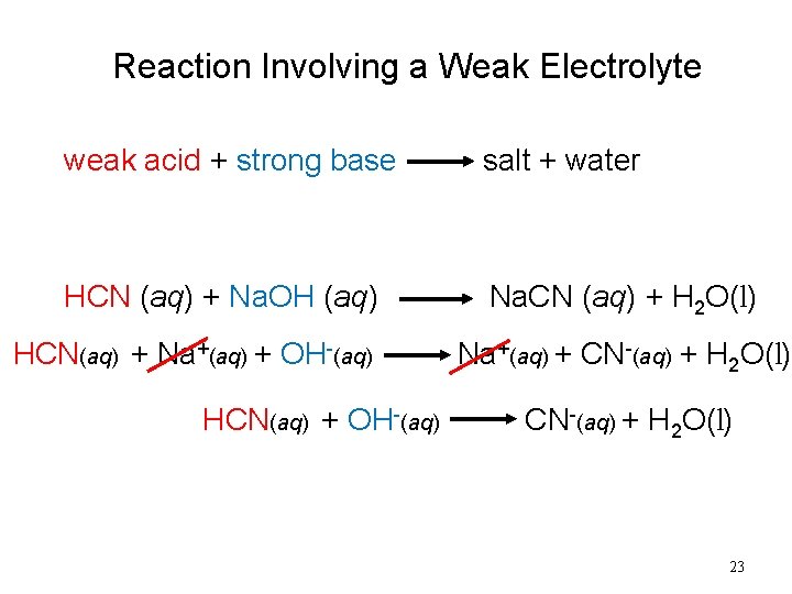 Reaction Involving a Weak Electrolyte weak acid + strong base salt + water HCN