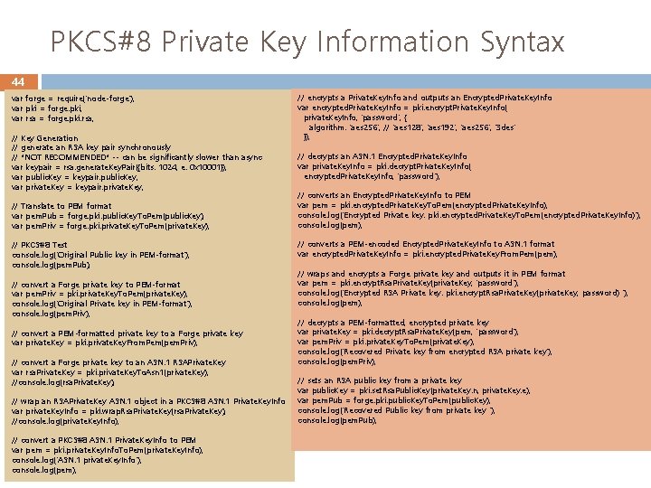 PKCS#8 Private Key Information Syntax 44 var forge = require('node-forge'); var pki = forge.