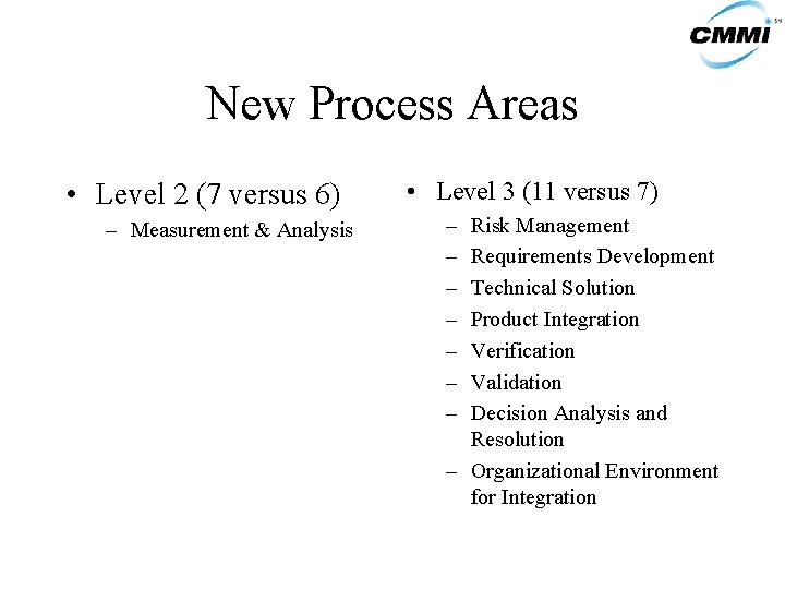 New Process Areas • Level 2 (7 versus 6) – Measurement & Analysis •