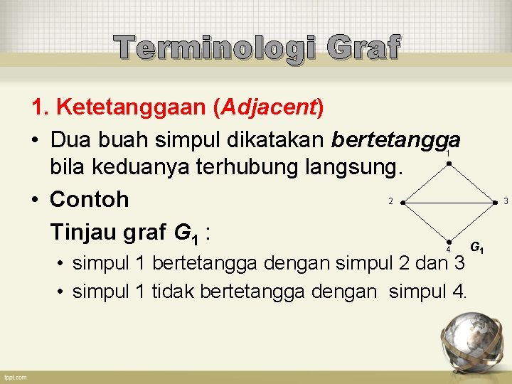 Terminologi Graf 1. Ketetanggaan (Adjacent) • Dua buah simpul dikatakan bertetangga bila keduanya terhubung