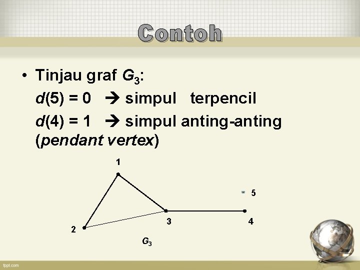 Contoh • Tinjau graf G 3: d(5) = 0 simpul terpencil d(4) = 1