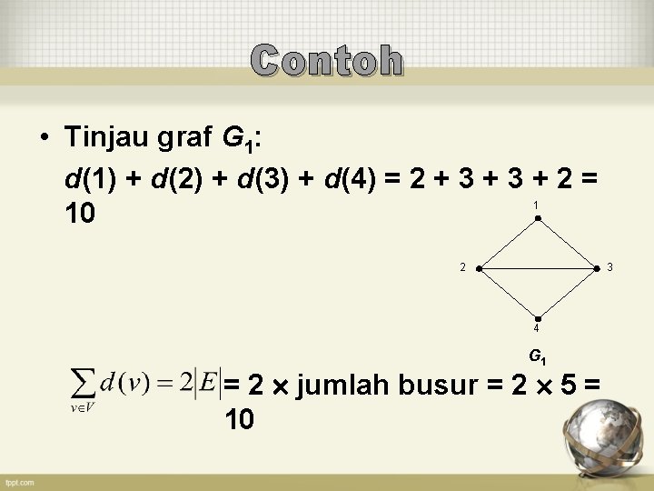 Contoh • Tinjau graf G 1: d(1) + d(2) + d(3) + d(4) =